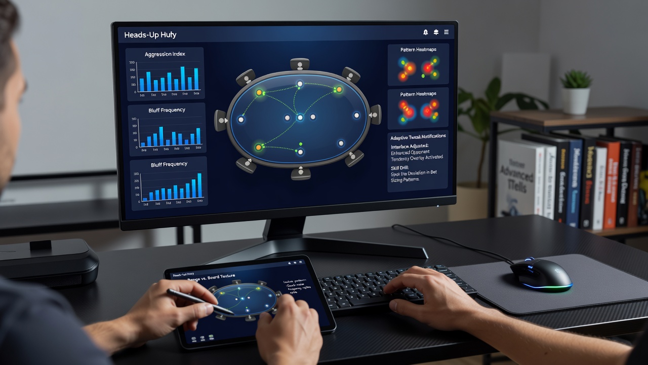 Close-up view of adaptive poker software displaying pattern alerts and opponent tendency highlights during a cash game