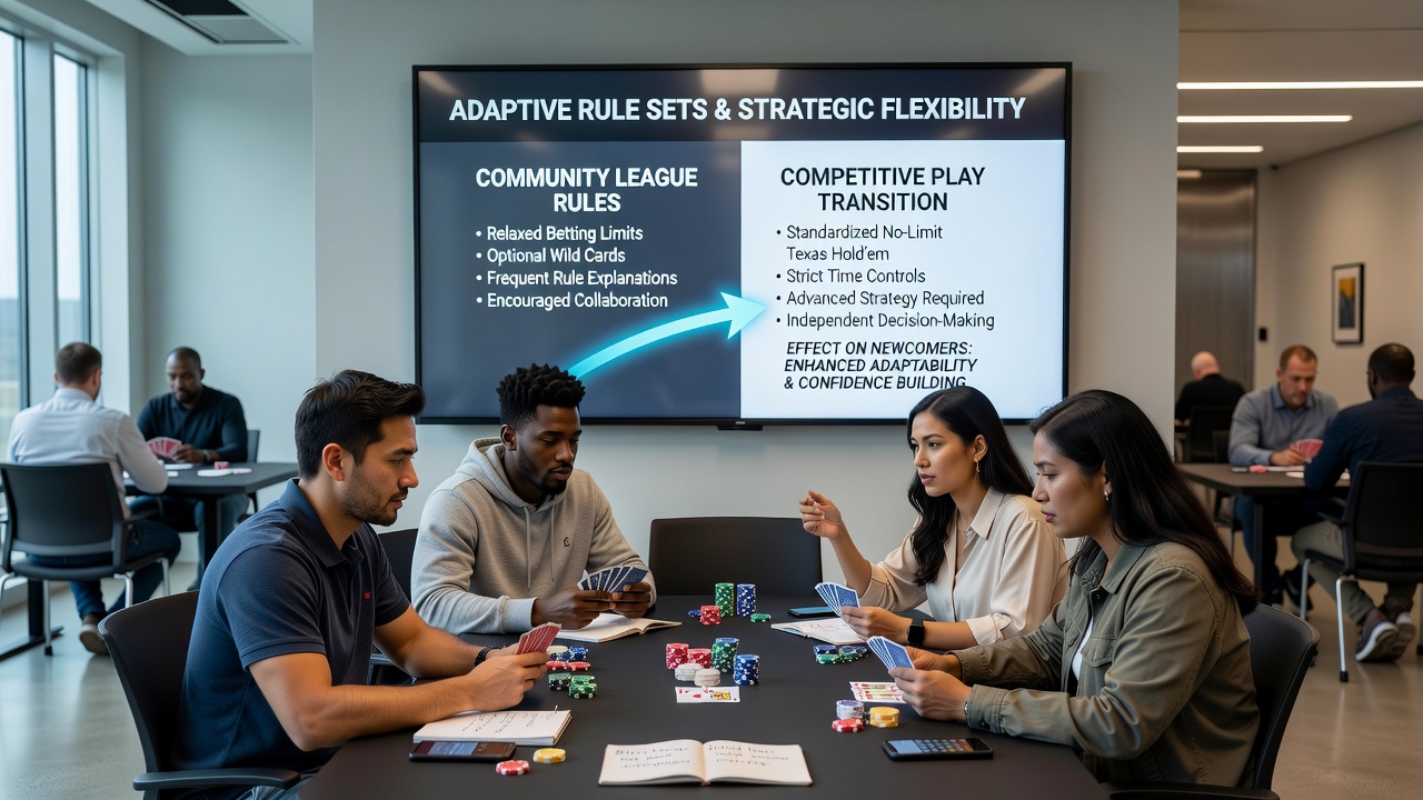 Community poker league players discussing adaptive rule adjustments during a local tournament session