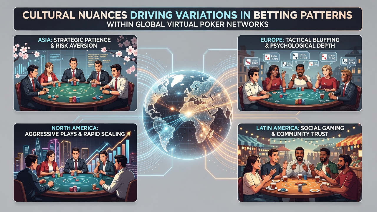 Global poker players from diverse cultural backgrounds engaged in virtual tournament play on multiple screens