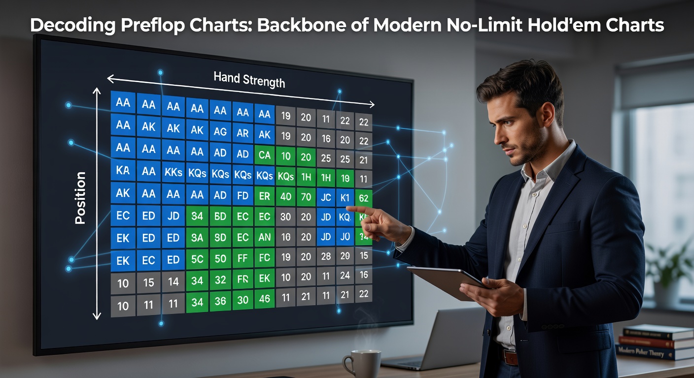 A detailed preflop chart displaying color-coded ranges for raising first in from various positions at the poker table, highlighting the strategic foundation of No-Limit Hold'em play