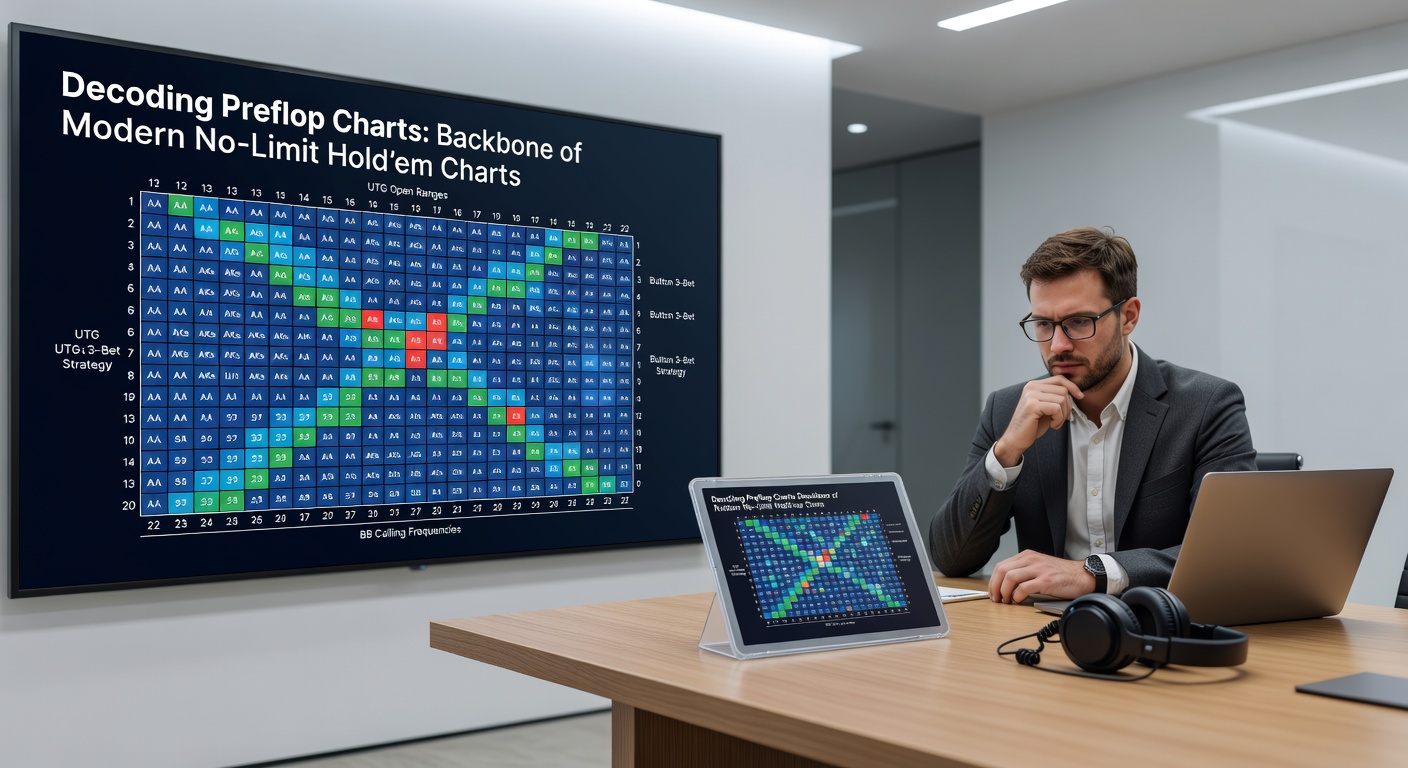 Solver software interface generating a preflop range chart, with heatmaps showing equilibrium strategies for 3-betting and calling in a heads-up pot, illustrating advanced GTO computation in action