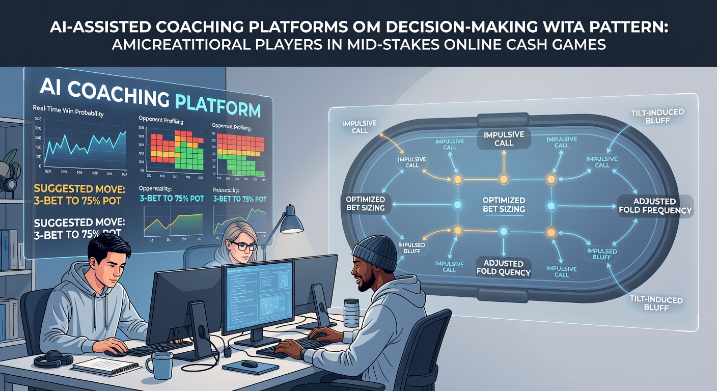 Recreational poker player reviewing AI coaching dashboard on a laptop during an online cash game session