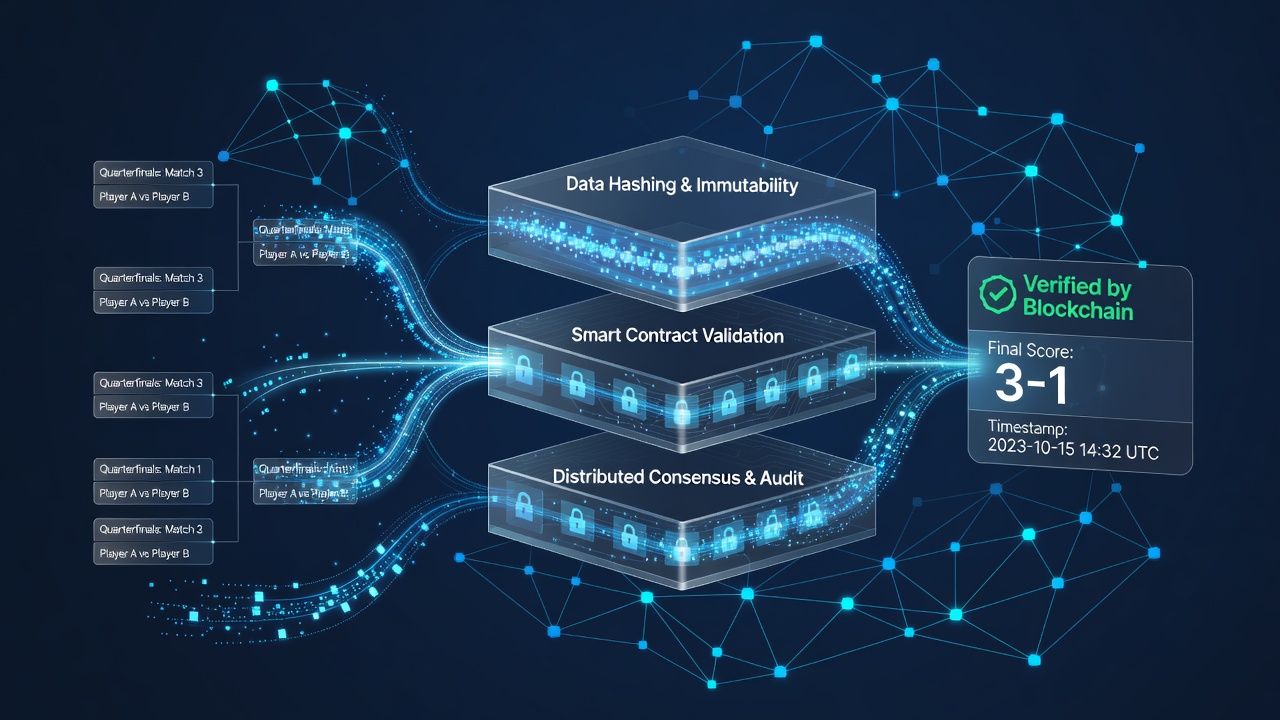Network nodes verifying tournament results through distributed consensus on a blockchain dashboard