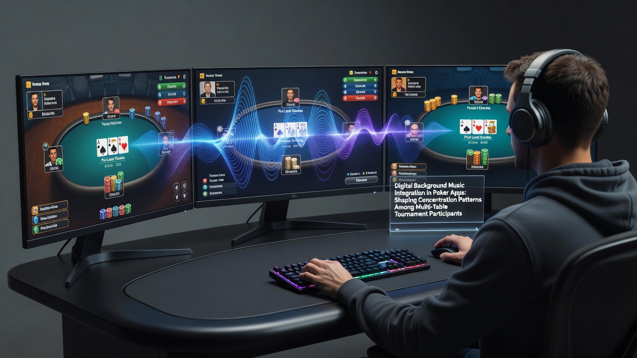 Poker players using apps with integrated background music during multi-table tournaments