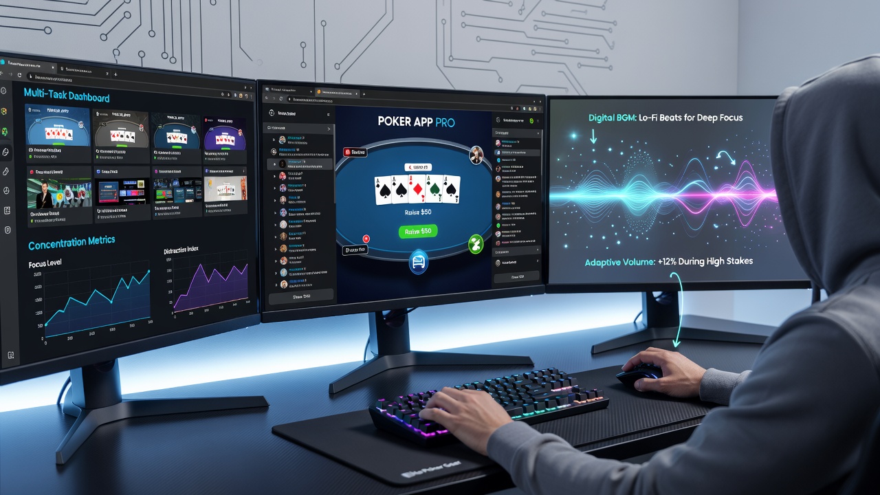 Close-up of a multi-table poker setup with background music controls visible on screen