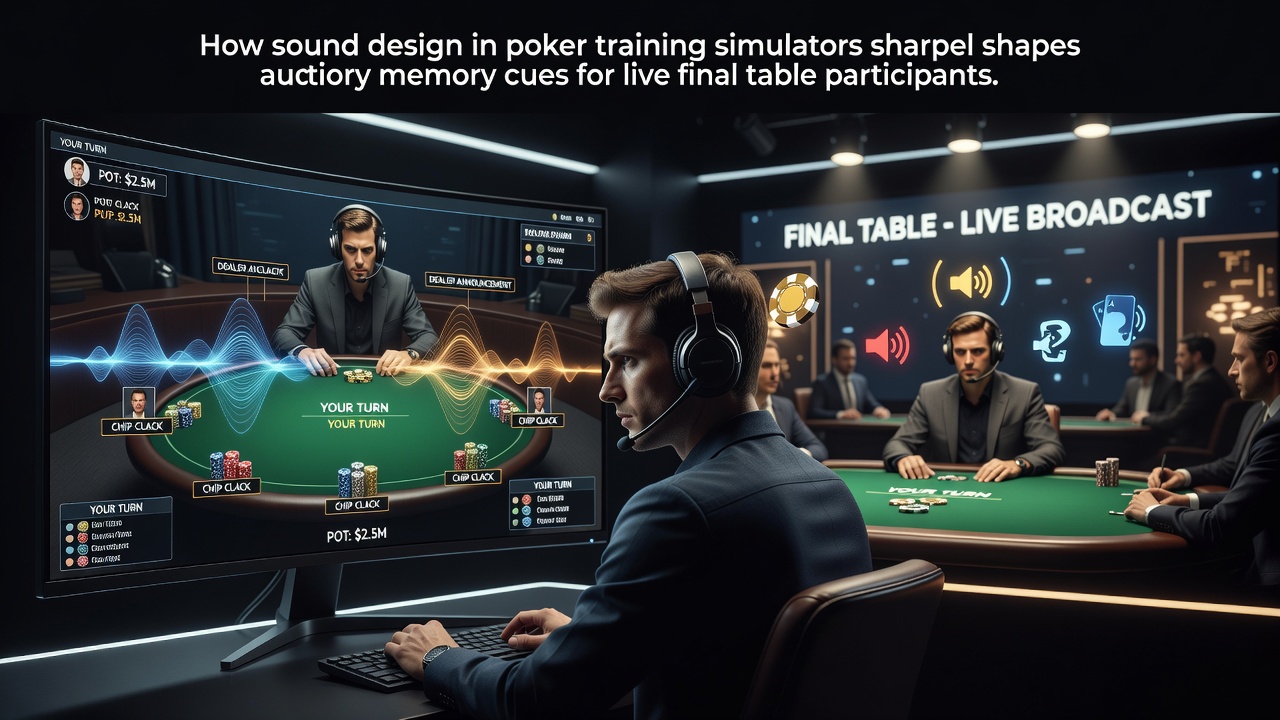 Poker training simulator interface displaying sound cue settings alongside chip stacks and virtual table layout