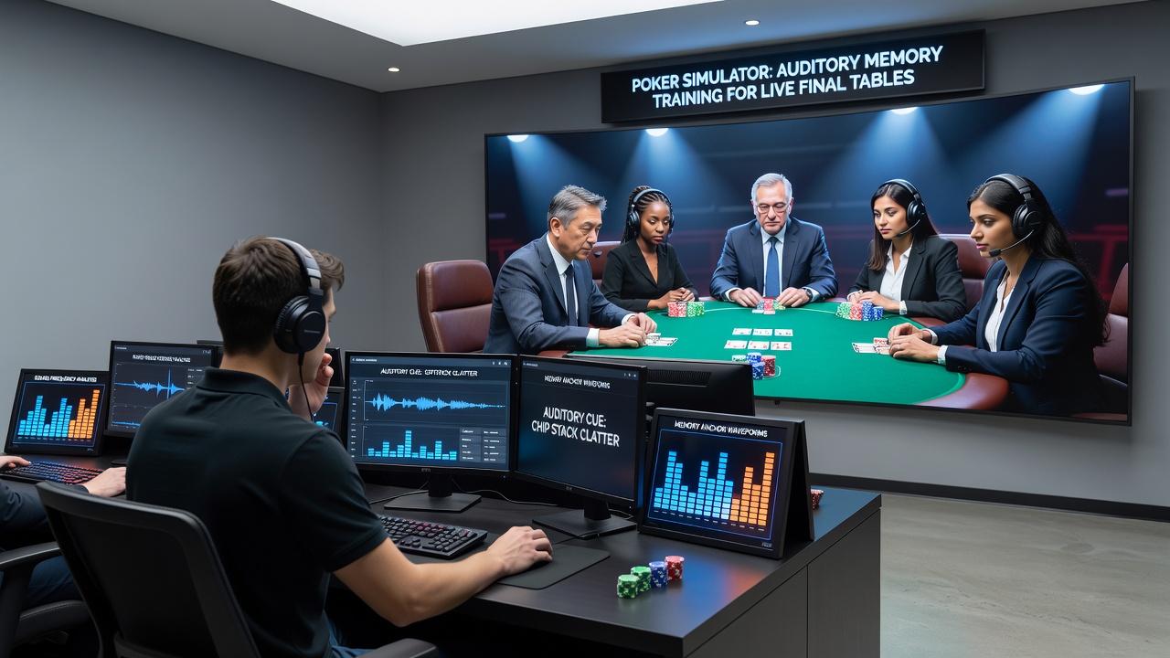 Live poker final table setup with visible audio monitoring equipment and players reacting to ambient sounds