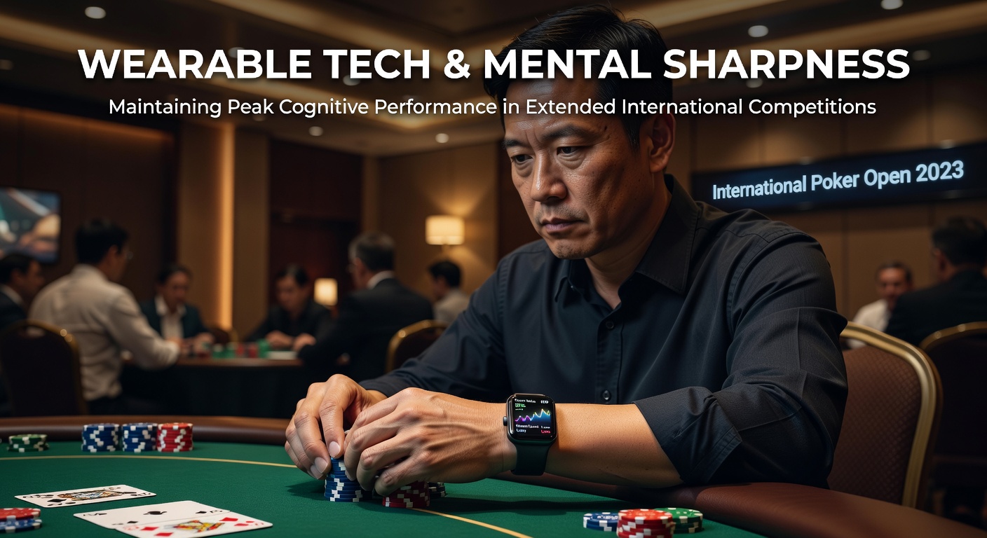 Poker player reviewing wearable device data during a long international tournament session