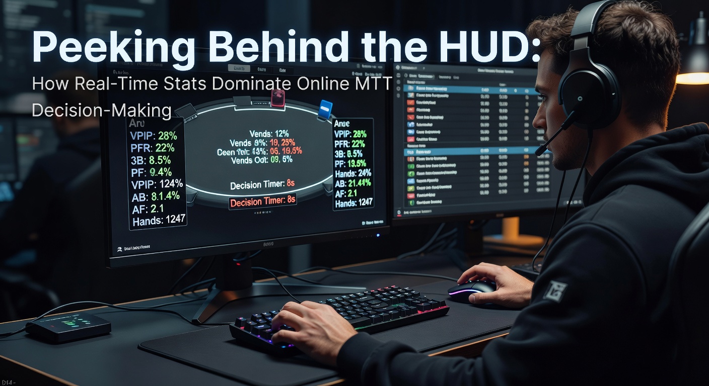 Poker HUD overlay on an online MTT table, showing opponent stats like VPIP, PFR, and aggression factors in real time