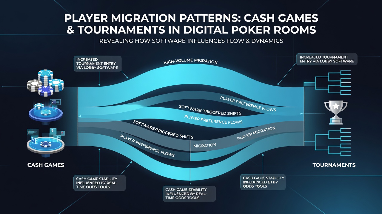 Analytics dashboard displaying migration trends between cash games and tournaments following software updates