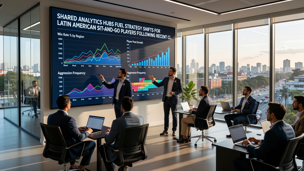 Group of regional poker players discussing updated client analytics during a sit-and-go review session