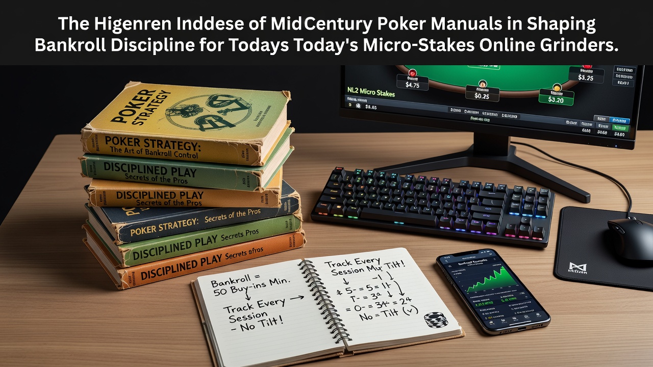 Vintage mid-century poker manual open on a table with chips and cards scattered around, representing historical bankroll advice