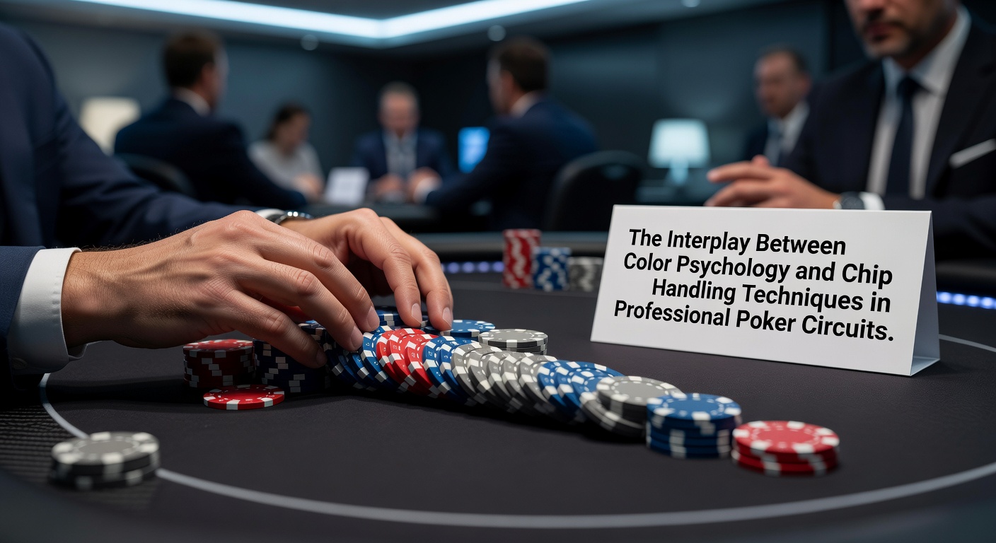 Professional poker players handling colored chips at a tournament table with focus on stacking techniques