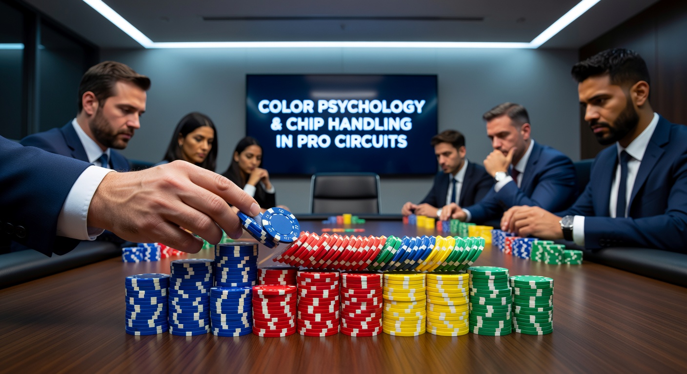 Close-up of poker chips in various colors being handled with precise stacking and riffling motions during a live game