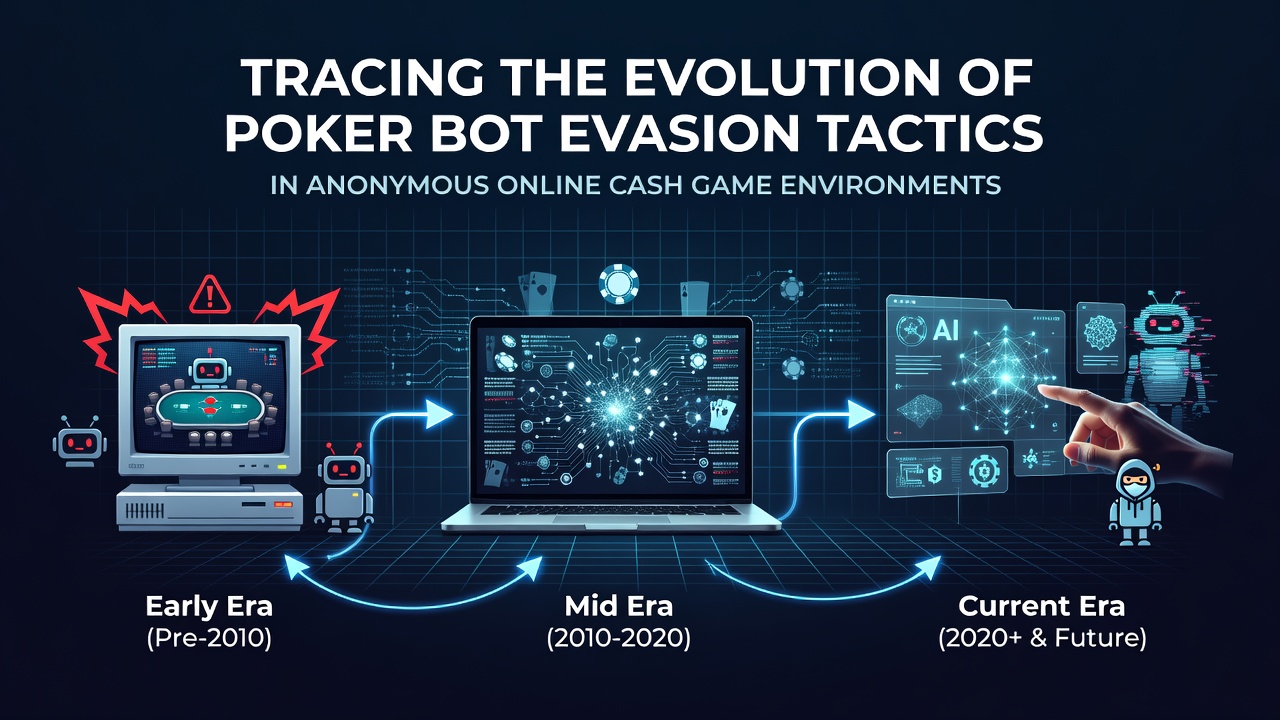 Early poker bot interfaces displayed alongside modern anonymous cash game tables showing timing and betting pattern adjustments